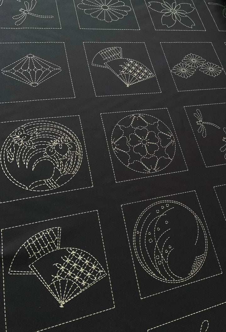 Sashiko Preprinted Fabric Panel, Crest Blocks, Navy