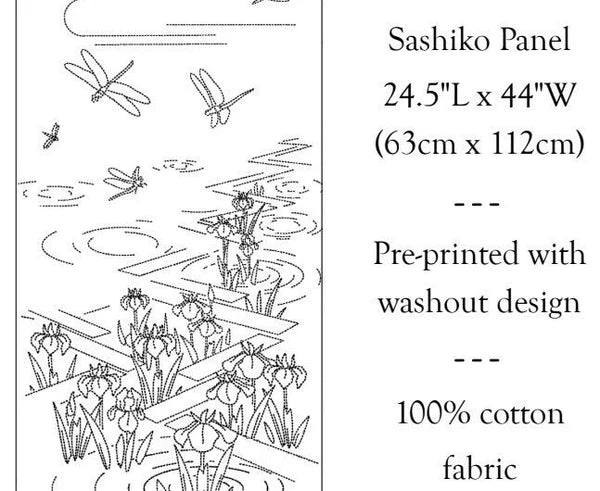 Sashiko Preprinted Fabric Panel, Dragonfly & Iris, Navy