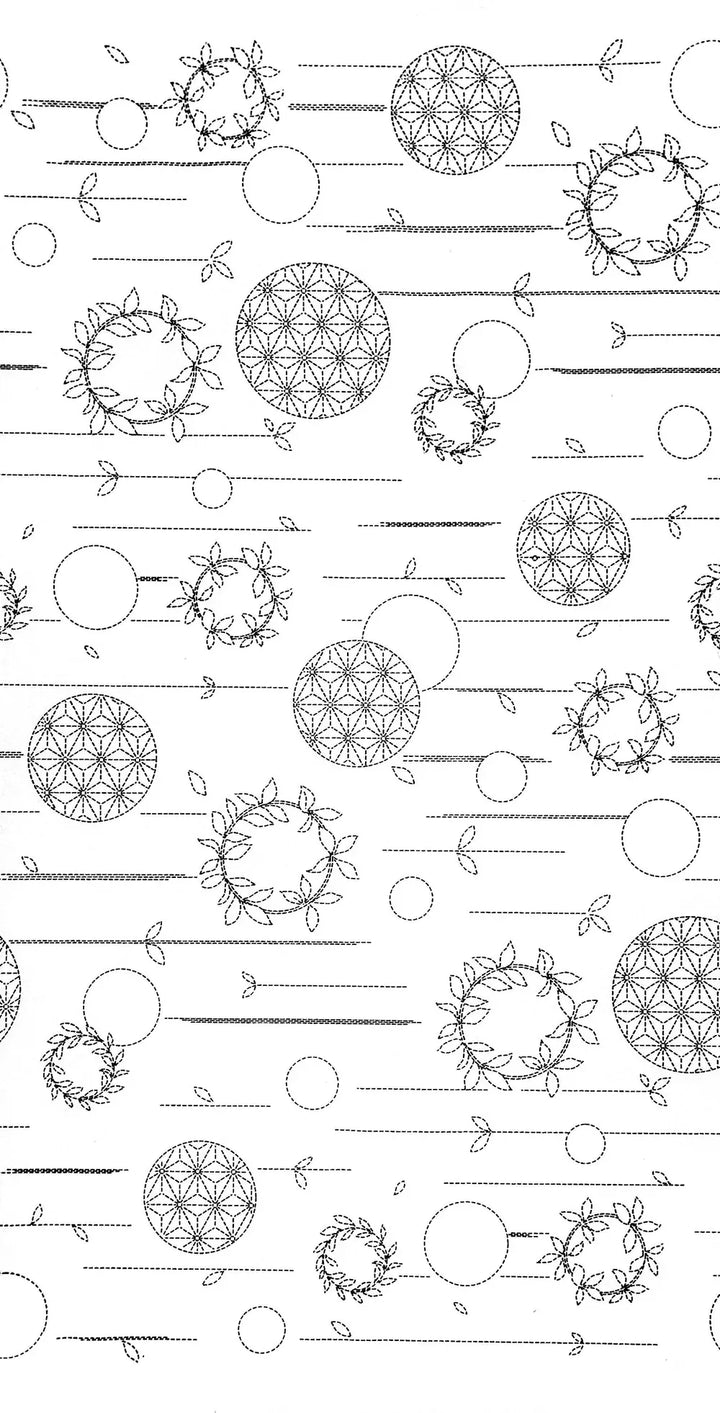 Sashiko Preprinted Fabric Panel, Circles & Wreaths in Navy