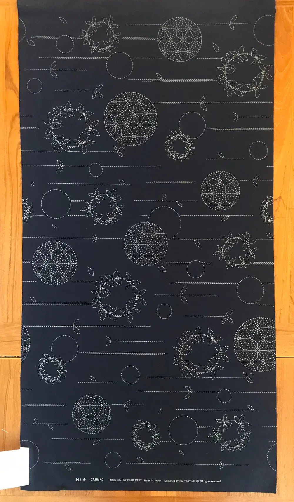 Sashiko Preprinted Fabric Panel, Circles & Wreaths in Navy