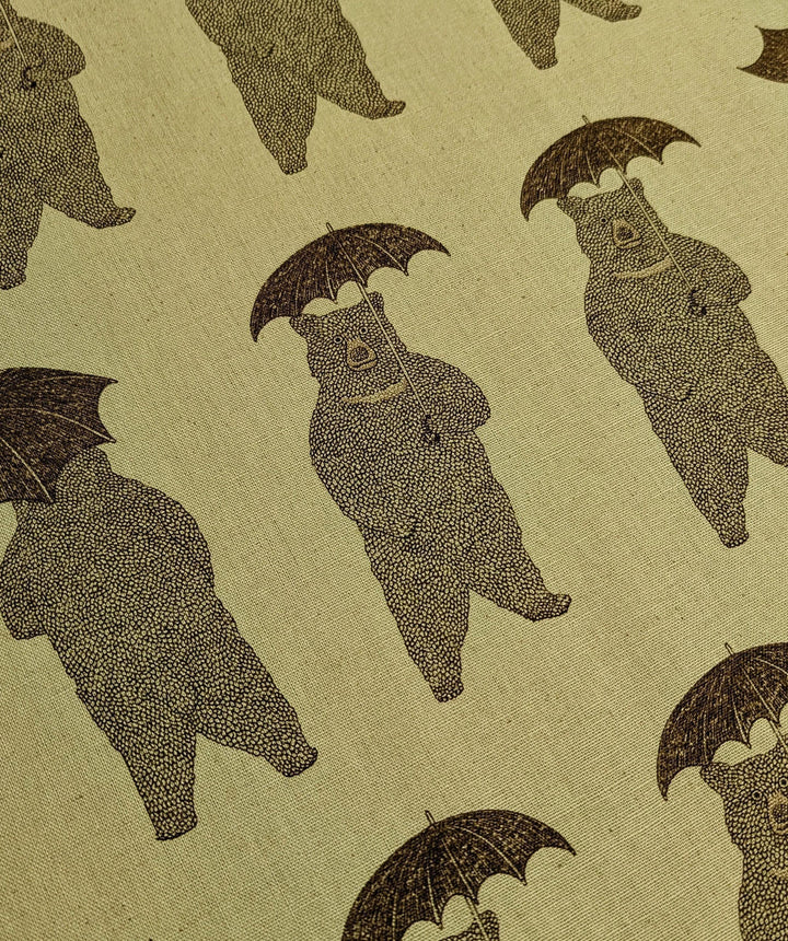 Koizumi Japanese Canvas Fabric - Bears With Umbrellas, Green