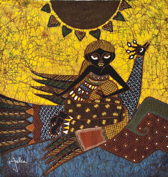 Batik Panel by Jaka, Woman Flying with Bird on Gold