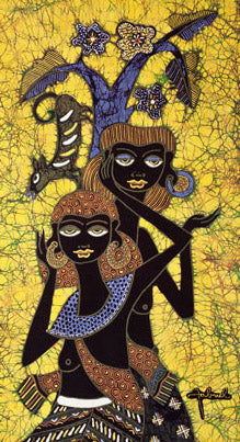 Batik Panel by Jaka, Two Women on Gold, Mini Long