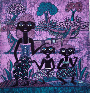 Batik Panel by Jaka, Mother with Children, Medium on Purple