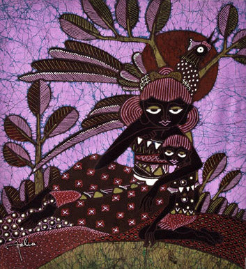 Batik Panel by Jaka, Woman & Child, Medium on Purple