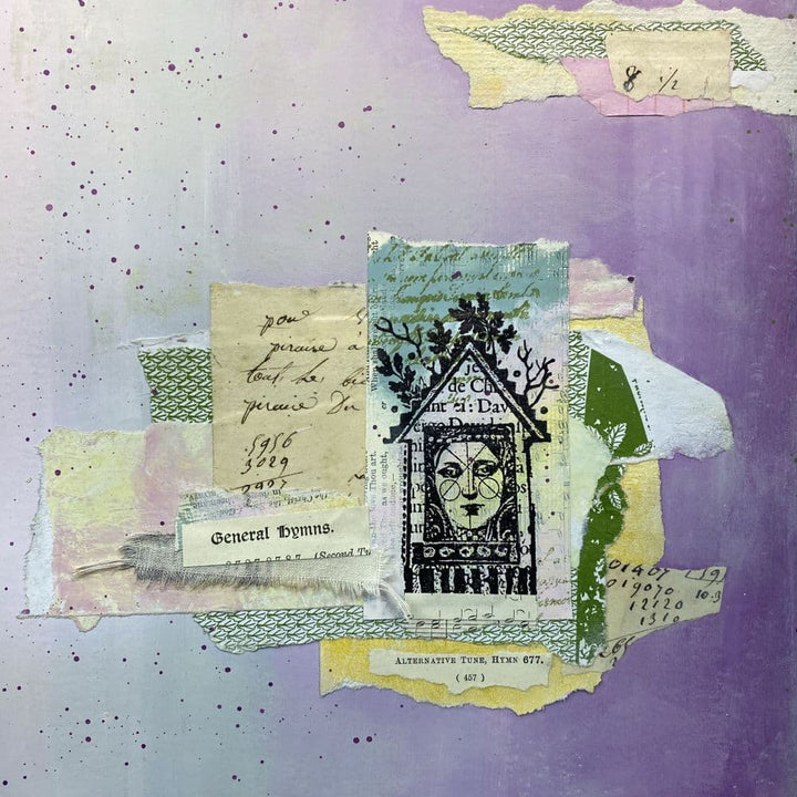 Lynne Perrella collage art with house and text fragments