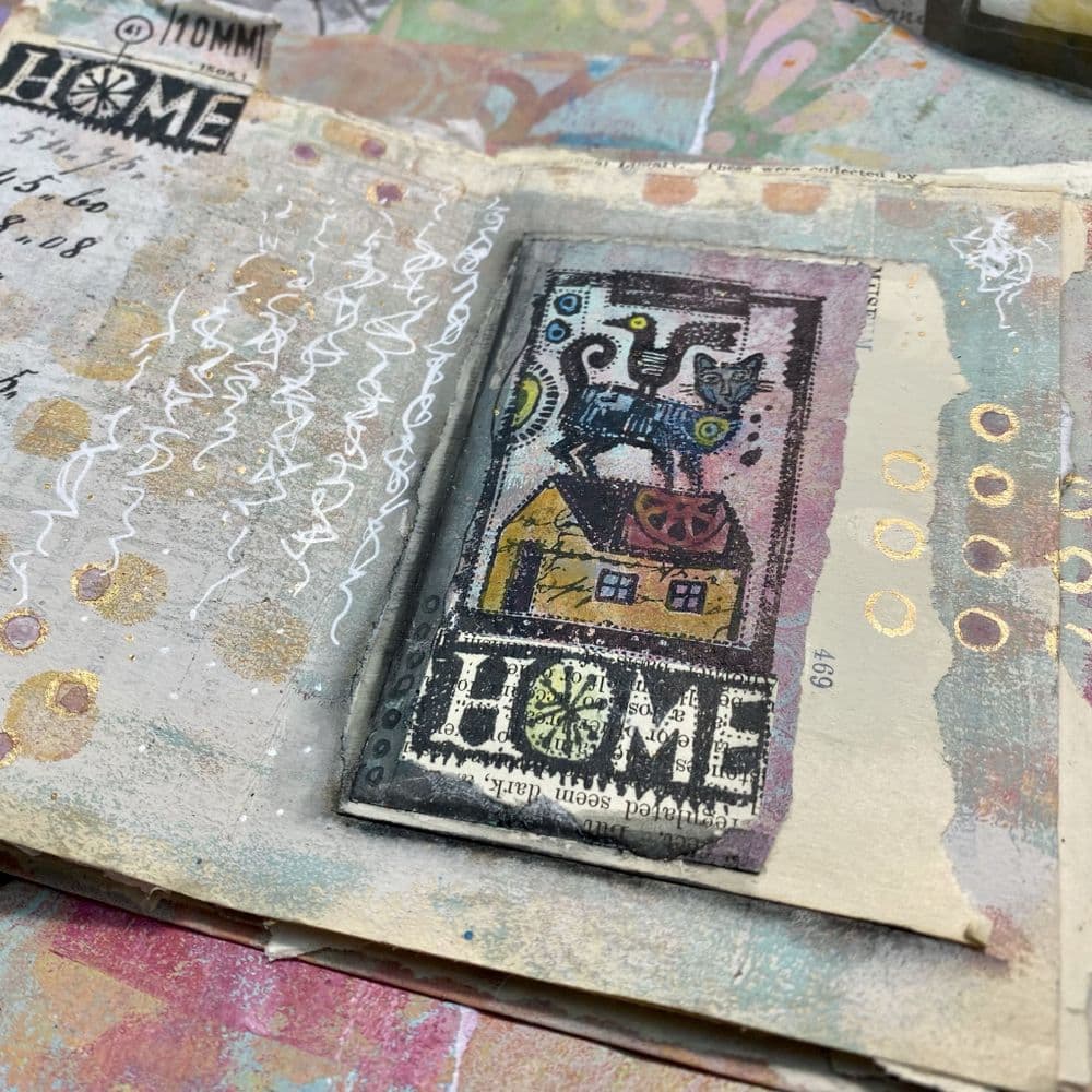 Lynne Perrella mini-14 art journal page with HOME image.