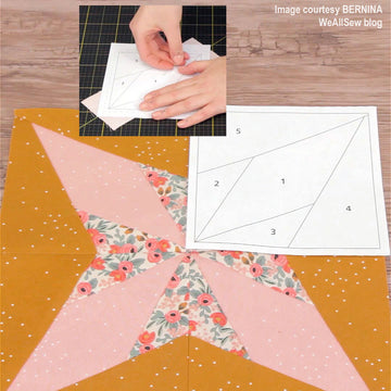 Paper piecing four-star quilt block in progress