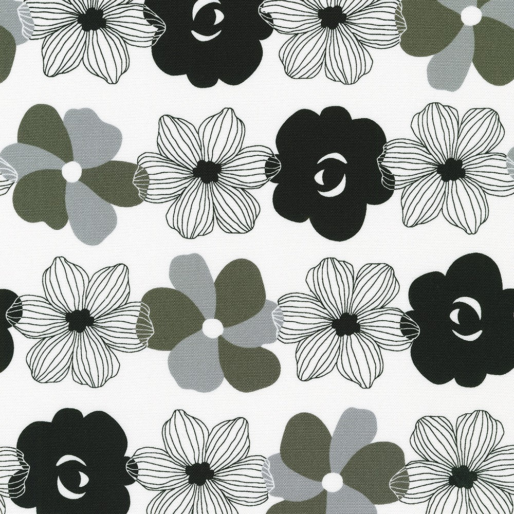 Sevenberry, Grey,Green & Black Flowers on White - CANVAS