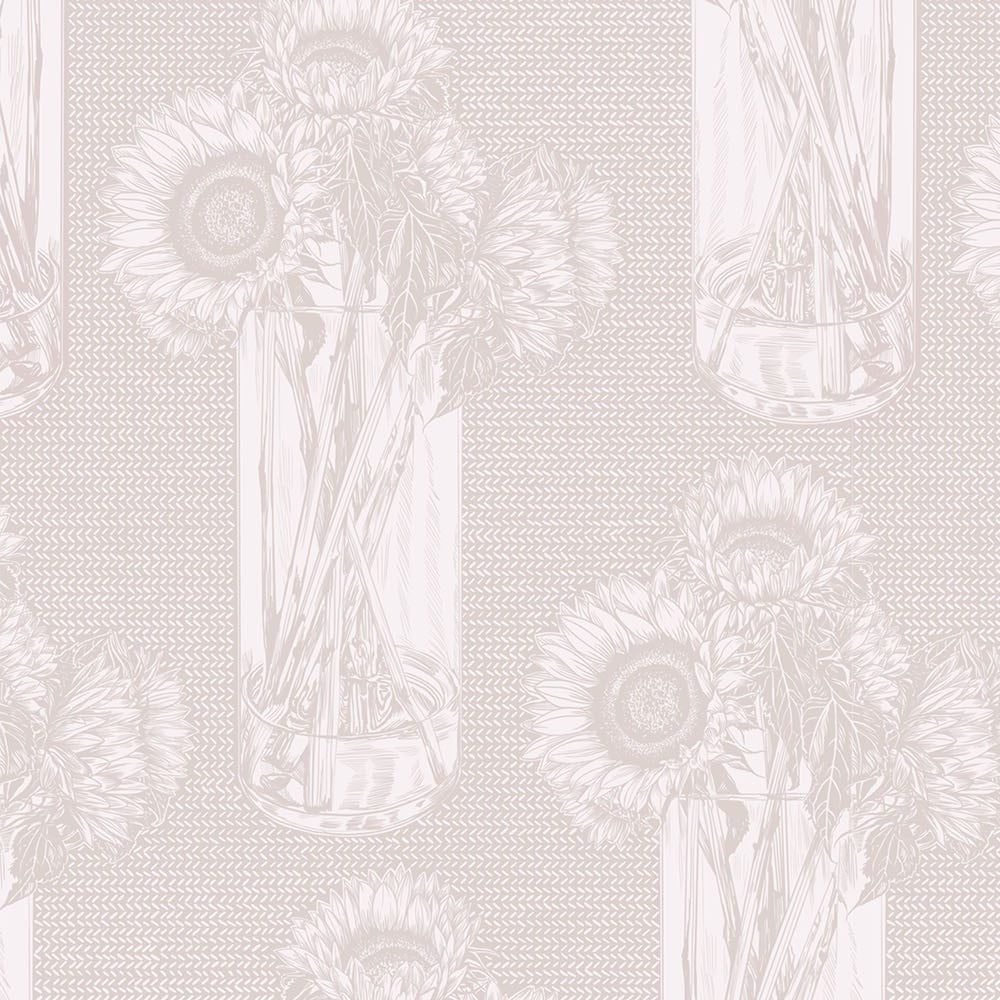 Soft, indelible sunflower pattern in vases on a light background.