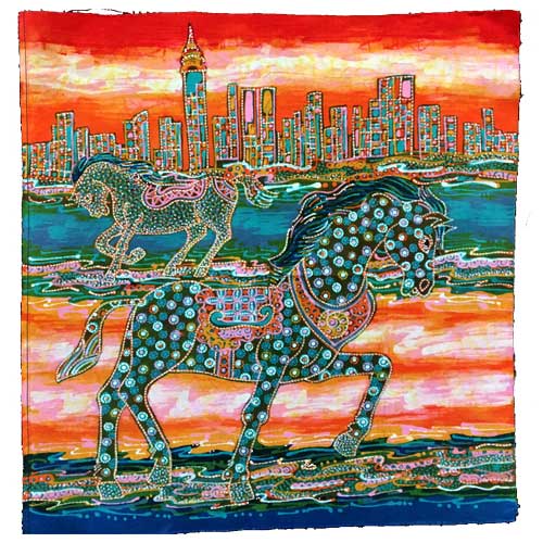 Batik Fabric Panel by Mahyar, Two Horses in the City (small)