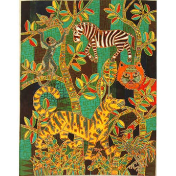 Batik Fabric Panel by Mahyar, Tigers, Monkey & Zebra (medium)