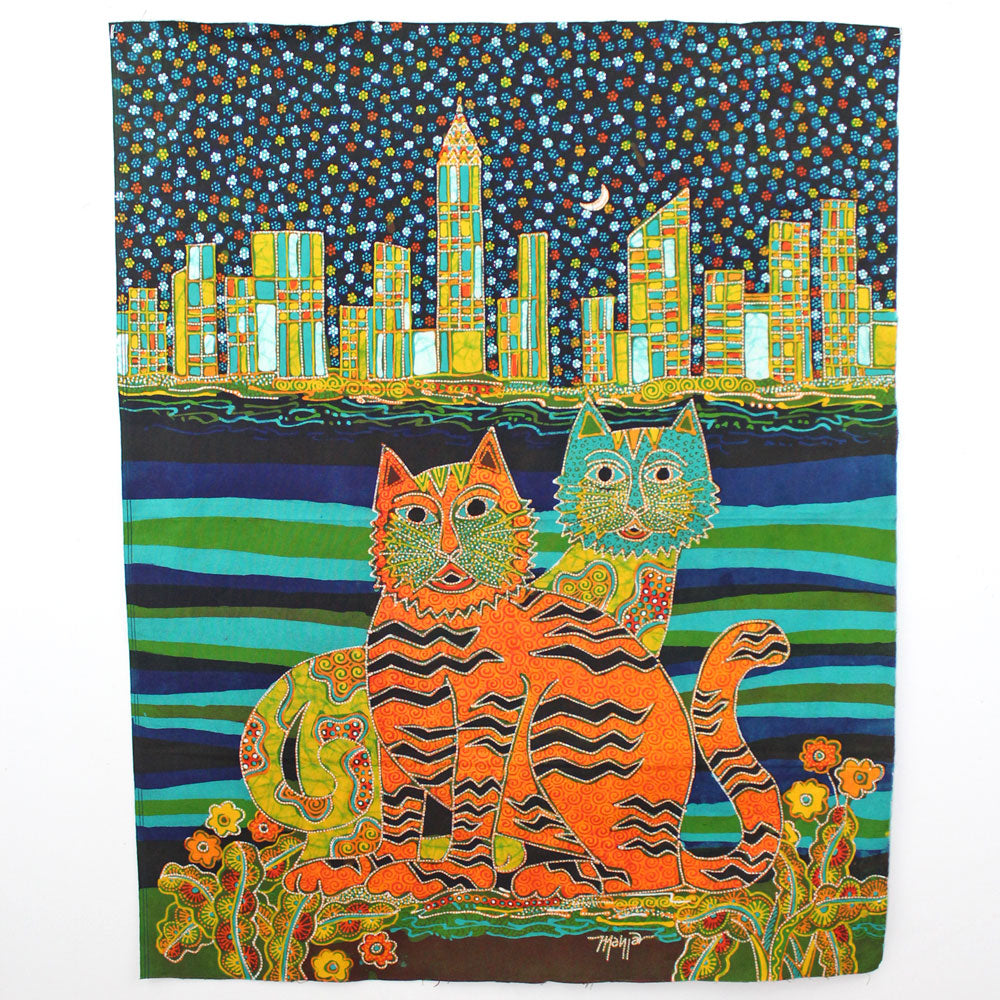 Batik Fabric Panel by Mahyar, 5 Cats at Night (medium)