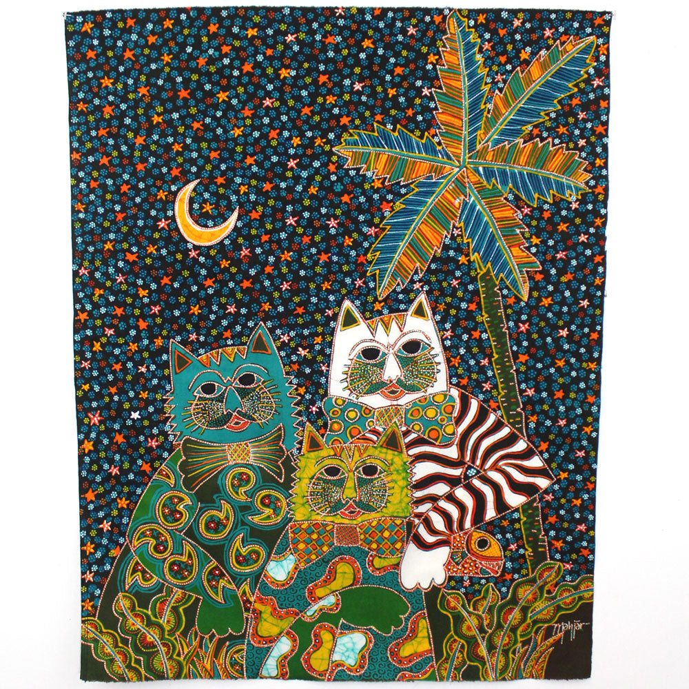 Batik Fabric Panel by Mahyar, 3 Cats with Palm Tree (Medium)