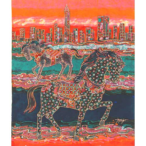 Batik Fabric Panel by Mahyar, 2 Horses by City in Pink (medium)