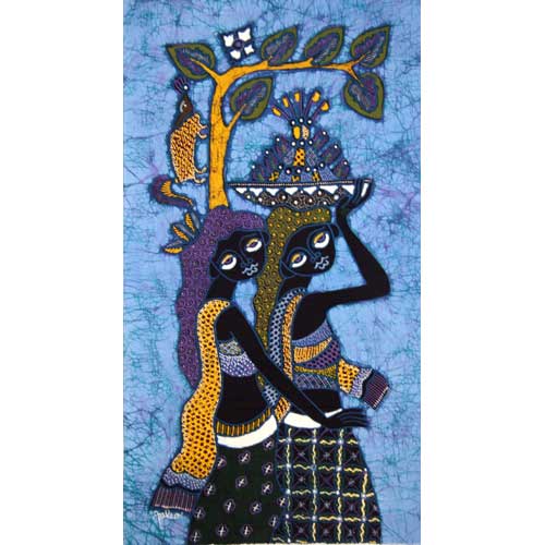Batik Panel by Jaka, Two Women with Tree on Blue