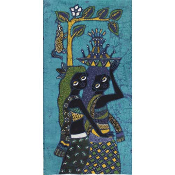 ONE LEFT Batik Panel by Jaka, Huntress with a Bow on Turquoise, Mini Long