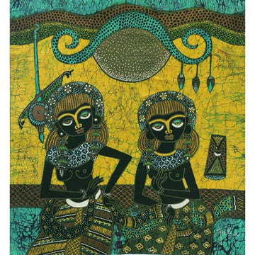 Batik Panel by Jaka, Two Dancing Women on Gold, Medium