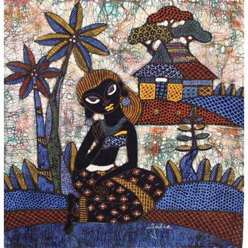 Batik Panel by Jaka, Woman Seated in front of House on White, Medium