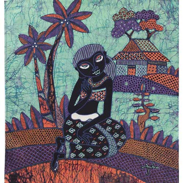 Batik Panel by Jaka, Woman in Front of House on Green, Medium