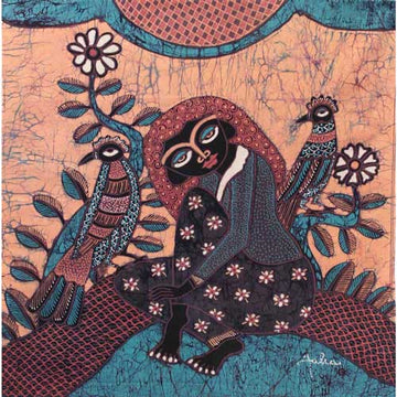 Batik Panel by Jaka, Woman Seated with Two Birds on Orange, Medium