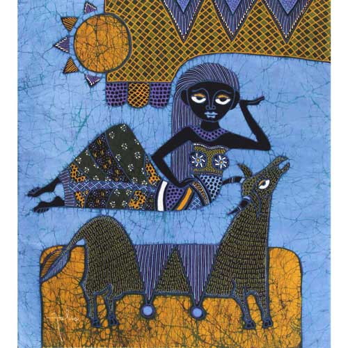 Batik Panel by Jaka, Woman on Steer on Blue, Medium