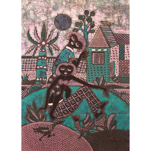 ONE LEFT Batik Panel by Jaka, Two Women with House and Trees on Peach