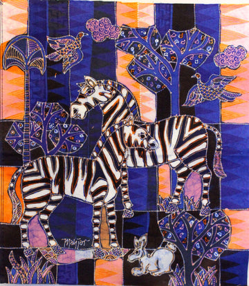 Batik Fabric Panel by Mahyar, Two Zebras in Blue/Pink (small)