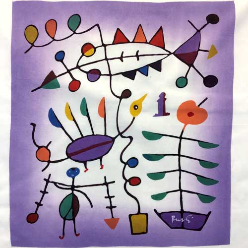 Rusli Batik Panel, Fish, Plant, Bird, Man on Purple, medium