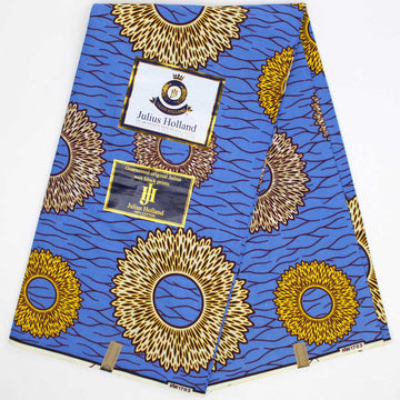 Julius Holland Dutch Wax Print Fabric, Blue with gold sunbursts