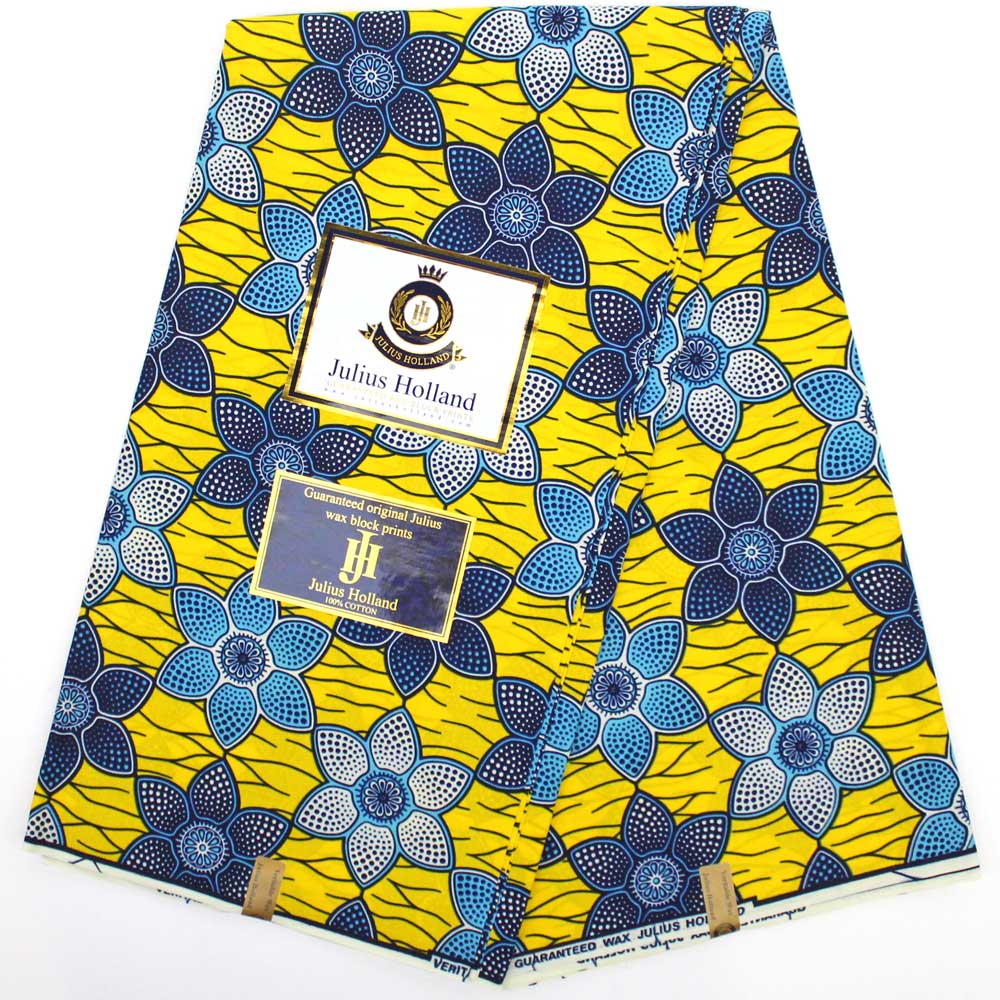Julius Holland Dutch Wax Print Fabric, Yellow with Blue Flowers