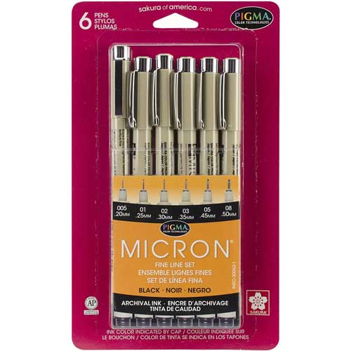 Pigma Micron Pens, 6/pk assorted