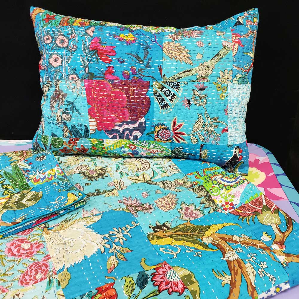 Turquoise Patchwork Kantha Quilt with Pillow Shams