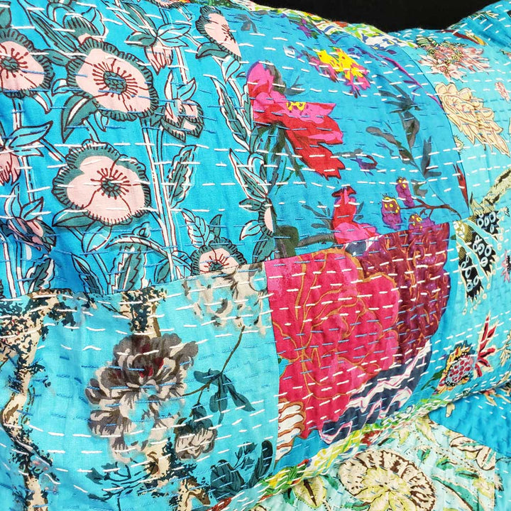 Turquoise Patchwork Kantha Quilt with Pillow Shams