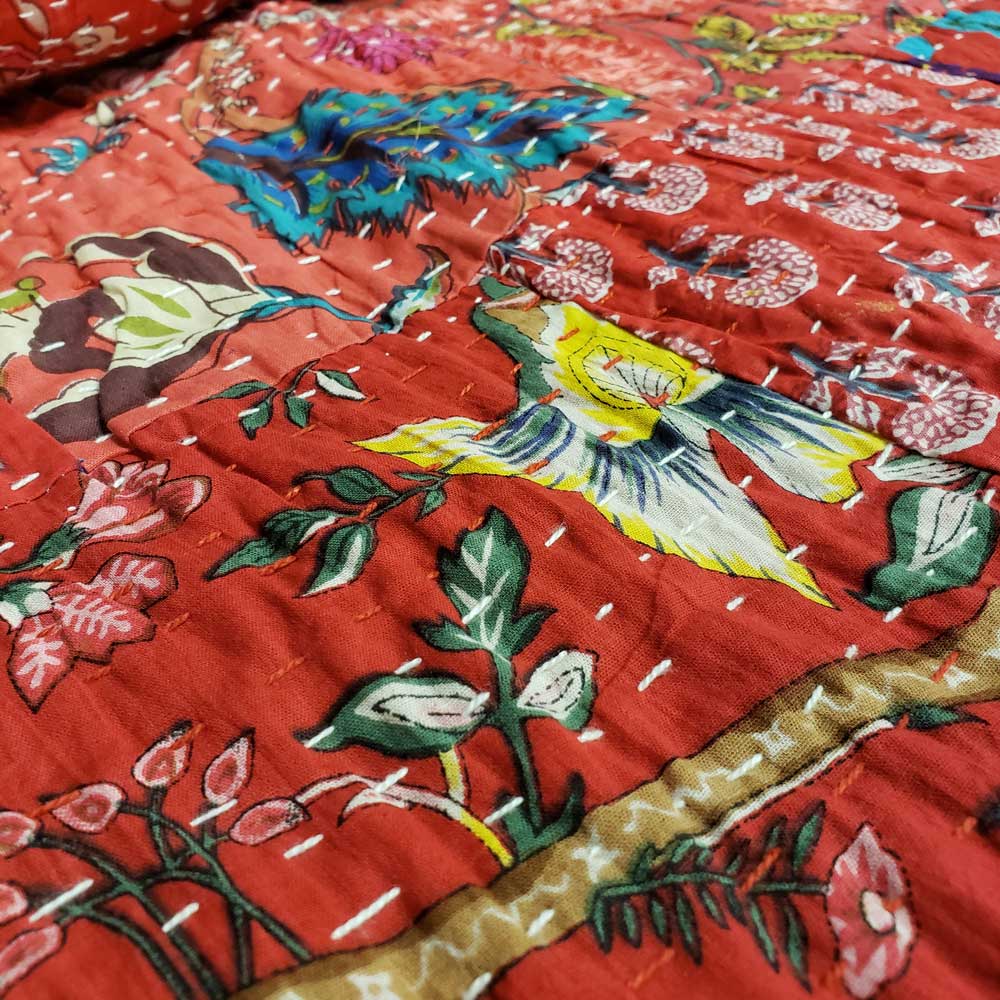 Red Patchwork Kantha Quilt with Pillow Shams