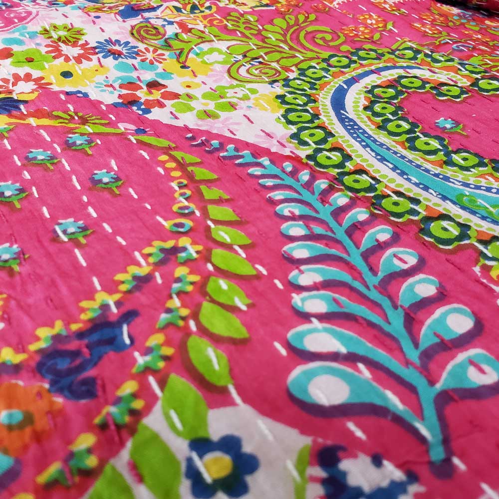 Pink Wholecloth Kantha Quilt with Pillow Shams