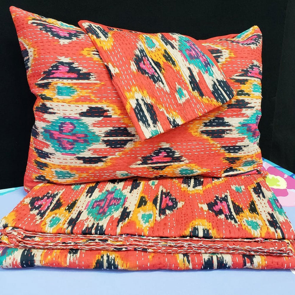 Orange Wholecloth Kantha Quilt with Pillow Shams