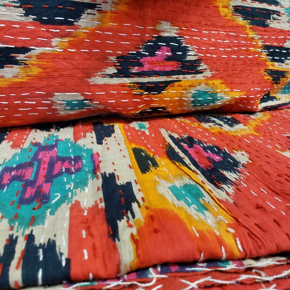 Orange Wholecloth Kantha Quilt with Pillow Shams