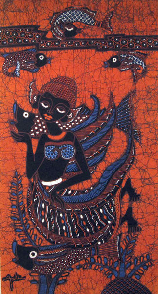 Batik Panel by Jaka, Woman with Fish on Orange