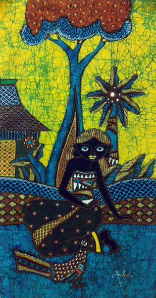 Batik Panel by Jaka, Woman with Bird Houses on Gold