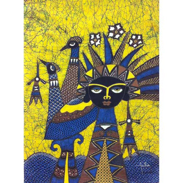 Batik Panel by Jaka, Woman with Birds on Gold