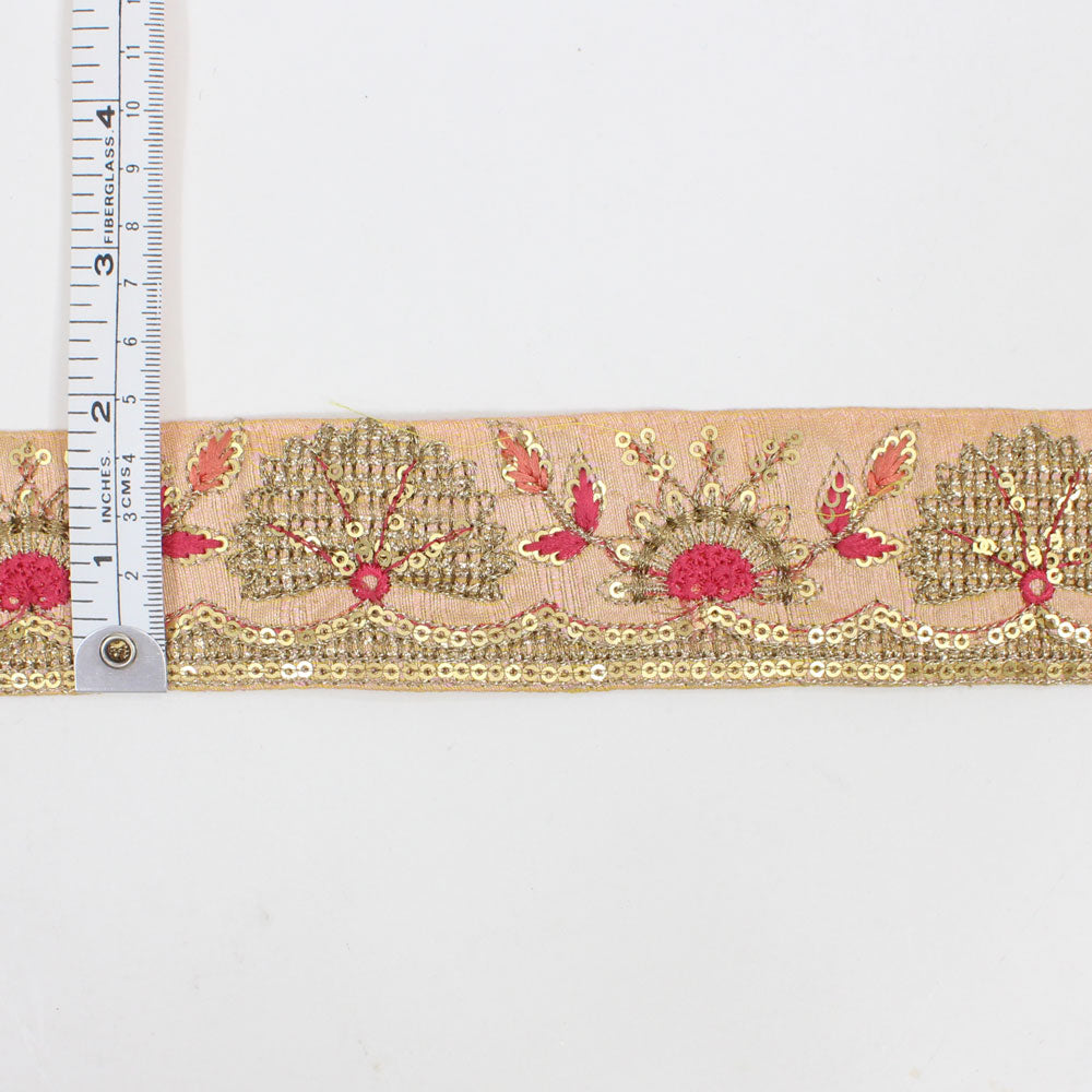 Indian Sari Trim, Gold Fans on Peach with Pink Accents (2")