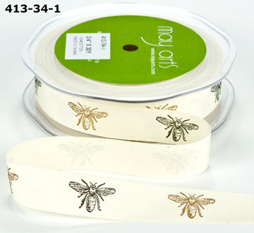 3/4 in. Ivory Canvas Ribbon, Black & Gold Bees