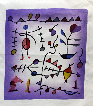 Rusli Batik Panel, Man, Flower, Fish, Chess Piece on Purple, medium