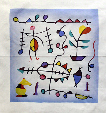 Rusli Batik Panel, Man, Flower, Fish, Chess Piece on Blue, medium