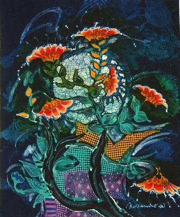 Batik Panel by Bambang Dharmo- Large Abstract Flowers on Dark Blue