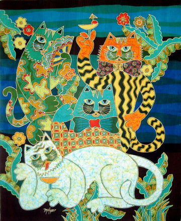 Batik Fabric Panel by Mahyar, Cats (medium)