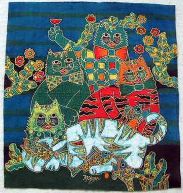 Batik Fabric Panel by Mahyar, Cats with Fish (small)