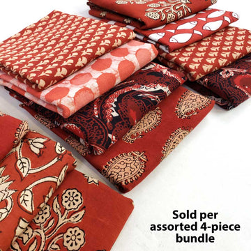 4 piece 1/2 Yard Bundle, Rust and Red Block Printed Indian Cotton