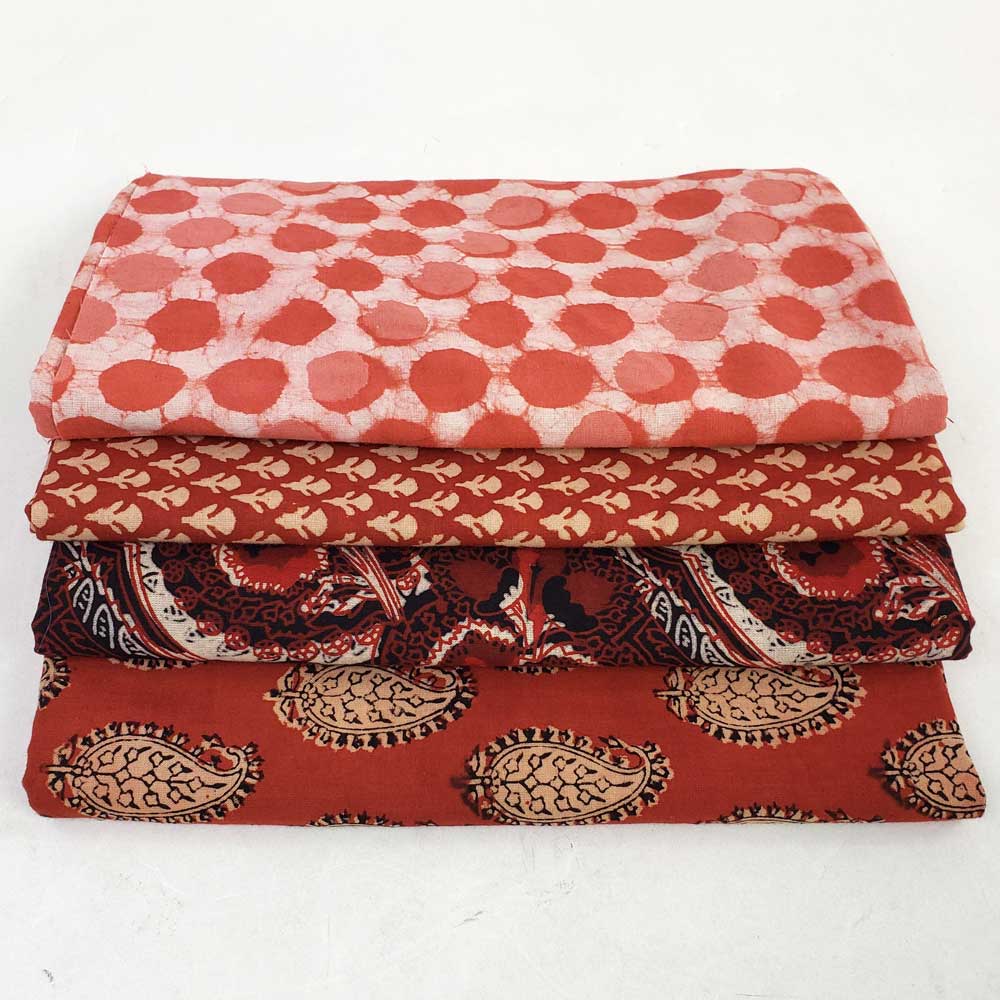 4 piece Full Yard Bundle, Rust and Red Block Printed Indian Cotton